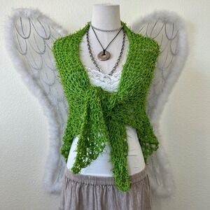 Indie Grunge Crocheted Shawl Wrap Lime Green Mesh Boho Layering Bright Hippie